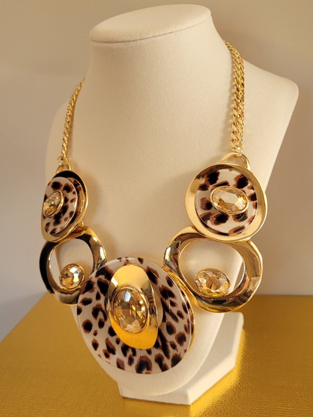 Leopard Print Statement Necklace. Gold Tone. Sparkling Crystal Accents. Natasha. - Picture 3 of 17